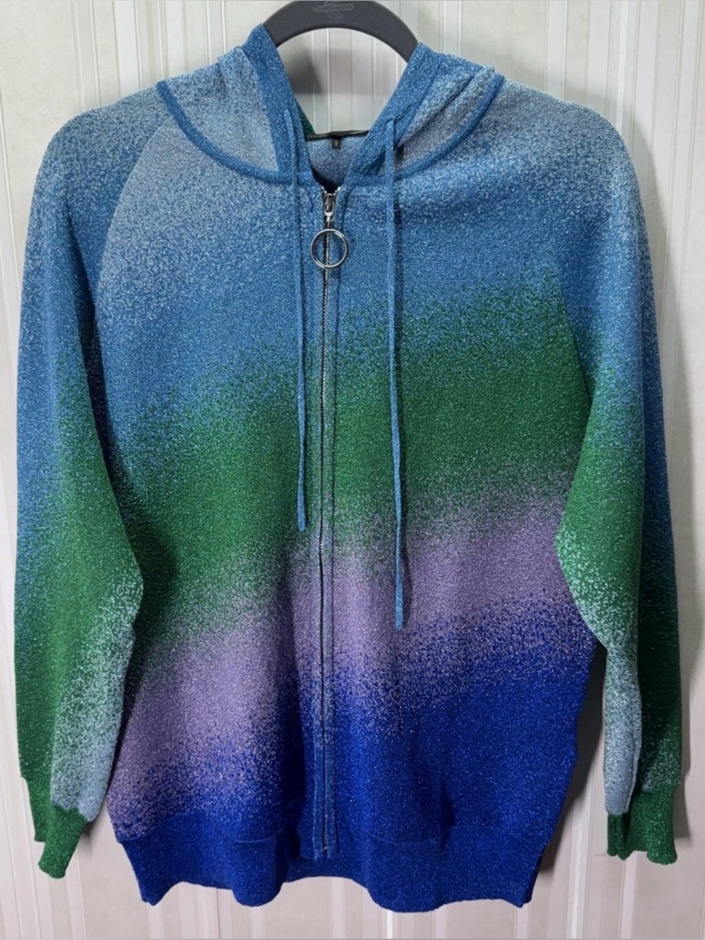 Maje Paris Womens Metallic Knit Zip Hoodie
Size L (3) Blue Green Ombré Lurex